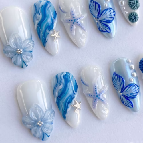 Ocean Press On Nails Summer, Blue Beach Nails with 3D Flower, Starfish & Pearl Design, Summer Vacation Fake Nails Gift for…