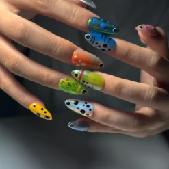 Alternative view of Summer Alien Eye Chrome Press On Nails, Summer Short Almond Abstract Nails, Beach Party Nails For Cute Funky Vacation Outfit Photos