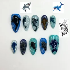 Handmade Shark Press On Nails summer | 3D Great White Shark Nails | Hammerhead Whale Shark | Shark Blue Sea Ocean Nails