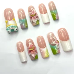Alternative view of Handmade Frog Press On Nails, Fairy Garden Nails with 3D Flowers, Cute Cottagecore Gift for Her