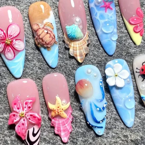 Summer Beach Press On Nails • Cute 3D Octopus Turtle Stiletto Fake Finger • Tropical Flower Starfish Vacation Gel Manicure…