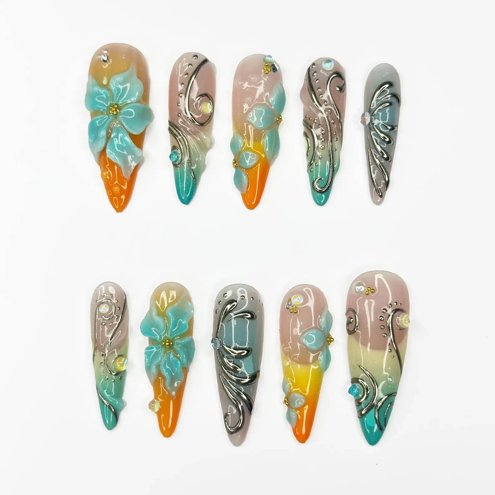 3D Flower Press On Nails, Luxury Teal Orange Fake Nails, Handmade Stiletto Glue On Nails Trendy Summer Gel Nails for Wedding Party