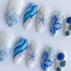 Alternative view of Ocean Press On Nails Summer, Blue Beach Nails with 3D Flower, Starfish & Pearl Design, Summer Vacation Fake Nails Gift for Her
