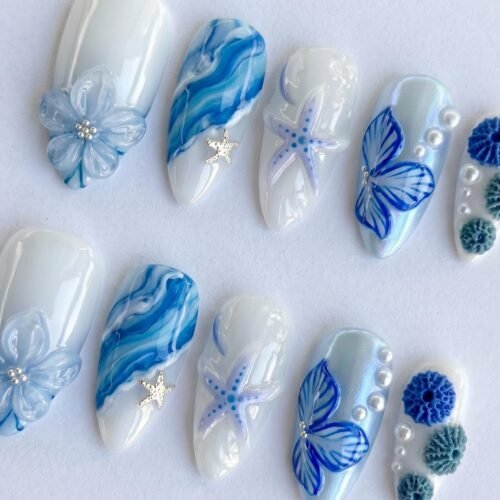 Ocean Press On Nails Summer, Blue Beach Nails with 3D Flower, Starfish & Pearl Design, Summer Vacation Fake Nails Gift for…