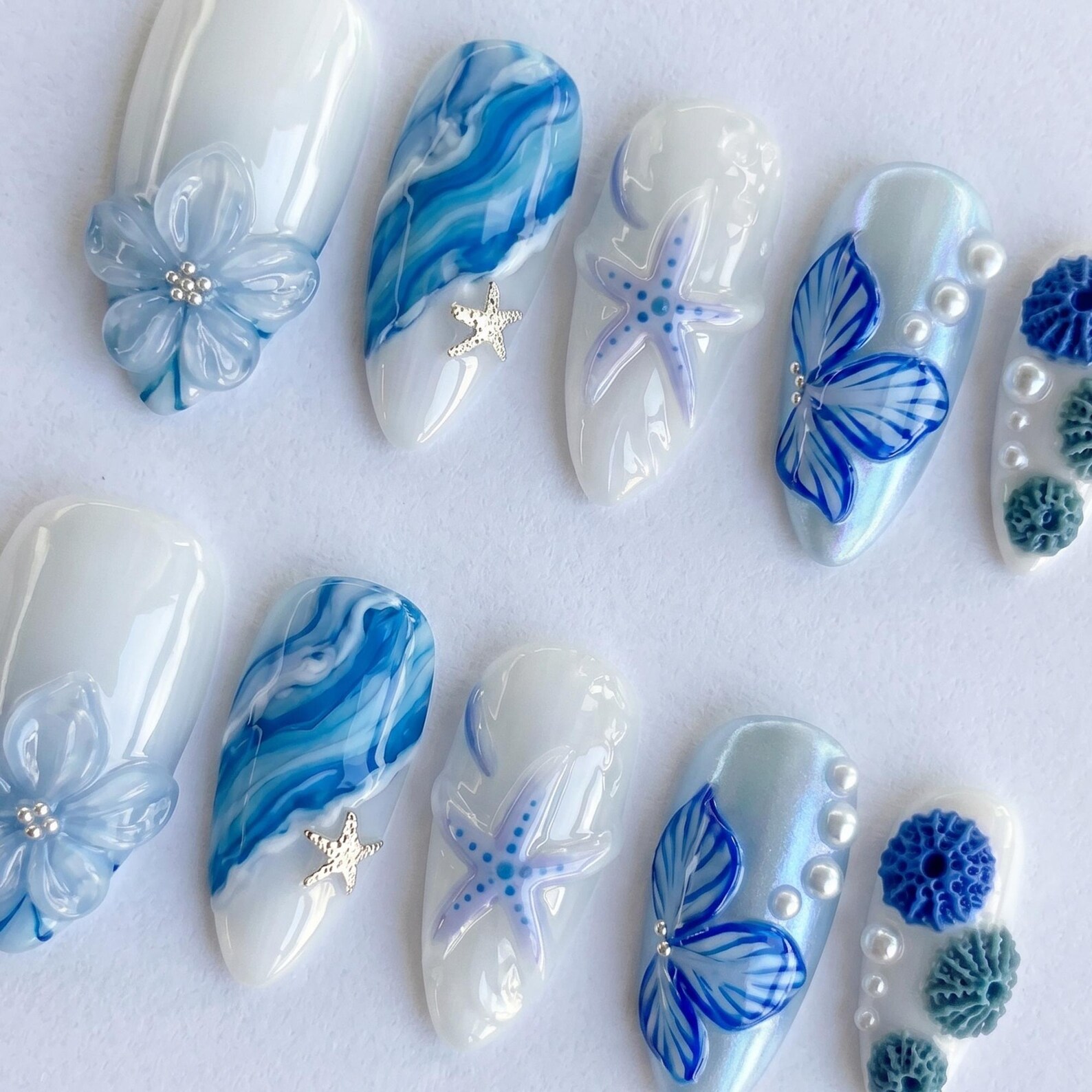 Ocean Press On Nails Summer, Blue Beach Nails with 3D Flower, Starfish & Pearl Design, Summer Vacation Fake Nails Gift for Her - Image 2