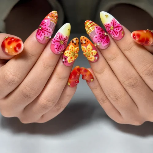 Tropical Press On Nails Almond • Summer Vacation Gift • Orange Pink 3D Hibiscus Flower Sunset Handmade Fake Nails Beach Se…