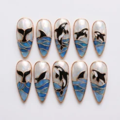 Ocean Press On Nails Summer, Shark and Orca Nail Art Handmade Marine Life Nails Coastal Stiletto Nail Set
