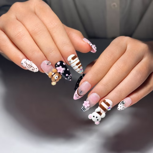 Teddy Bear Press On Nails Almond • Pink Black Kawaii 3D Bear Flower Music Note Fake Nails • Cute Birthday Gift for Her – v…