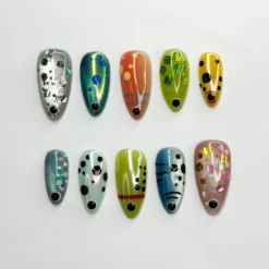 Summer Alien Eye Chrome Press On Nails, Summer Short Almond Abstract Nails, Beach Party Nails For Cute Funky Vacation Outfit Photos
