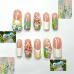 Handmade Frog Press On Nails, Fairy Garden Nails with 3D Flowers, Cute Cottagecore Gift for Her
