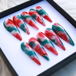 Alternative view of Red Blue Marble Press On Nails, Glitter Swirl Stiletto Fake Nails, Abstract Cloud Y2K Nail Set