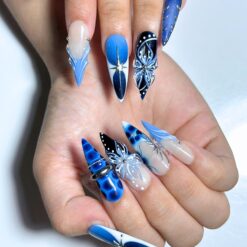 Alternative view of Blue Ocean Press On Nails, Jellyfish Nails, 3D Floral Nails, Navy Blue Aura Nails, Mermaid Press On Nails, Luxury Ocean Nail Art