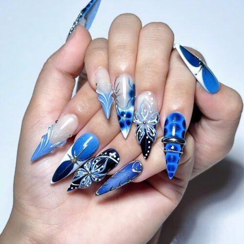 Blue Ocean Press On Nails, Jellyfish Nails, 3D Floral Nails, Navy Blue Aura Nails, Mermaid Press On Nails, Luxury Ocean Na…