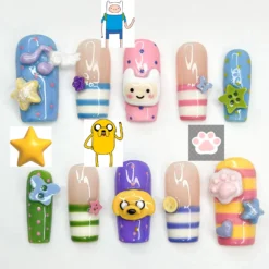 Adventure Time Press On Nails | Finn & Jake Cartoon Nails | Cute Kawaii Character Nail Art | Colorful 3D Nails | Fun Press Ons