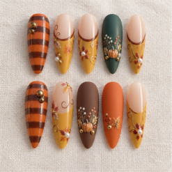 Pumpkin Botanical Floral Striped Press-On Nails