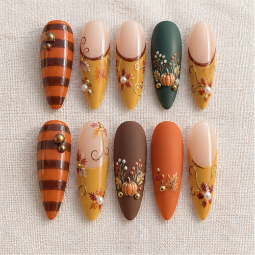 Pumpkin Botanical Floral Striped Press-On Nails