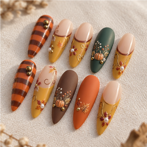 Pumpkin Botanical Floral Striped Press-On Nails – photo 4