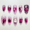 Ghost Halloween press-on nails in magenta pink and lilac chrome with a white ghost, a cat on the moon, bats and BOO