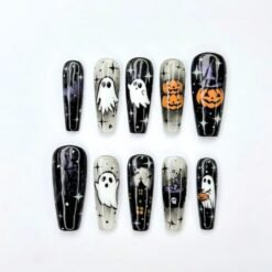 Magic house Halloween press-on nails in black and smoky gray with white ghosts, jack-o'-lanterns and a bubbling cauldron