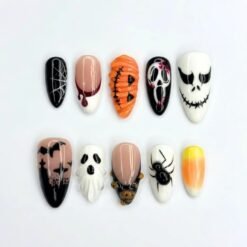 Spooky spider Halloween press-on nails in white, black and orange with a 3D ghost, a black spider, a pumpkin and candy corn