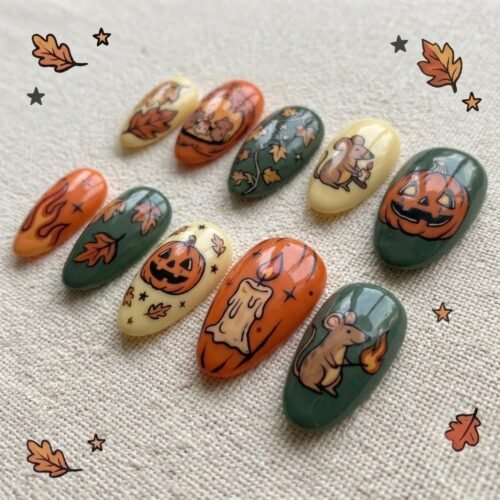 Press-on nails featuring spooky pumpkin designs, candles, and mystical candlelight.
