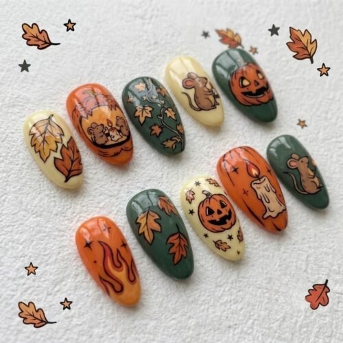 Nails featuring cute mouse, autumn leaf, and pumpkin designs.