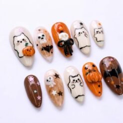 Cute Ghost Cat 3D Pumpkin Halloween Press-On Nails