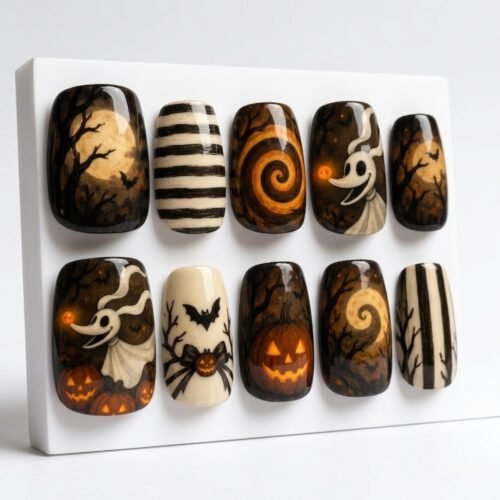 Press-on nails featuring straight-line and curved-line patterns.