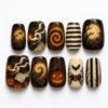 Haunted pumpkin press-on nails in brown, amber and ivory with glowing jack-o'-lanterns, a ghost dog, a full moon and bats