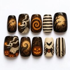 Haunted pumpkin press-on nails in brown, amber and ivory with glowing jack-o'-lanterns, a ghost dog, a full moon and bats