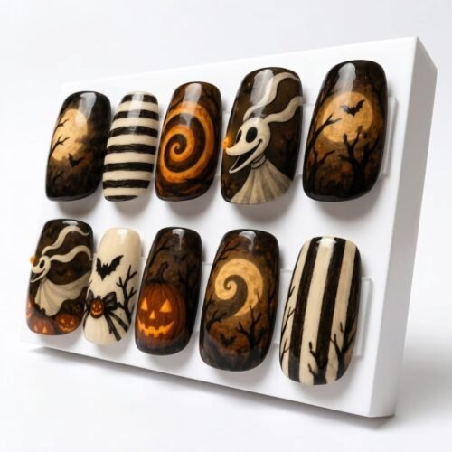 Short square press-on nails on a white stand: glowing jack-o'-lanterns, spiral and striped nails, a ghostly dog, bare trees