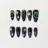 Purple galaxy Halloween press-on nails in shimmering violet and black with neon ghost outlines and raised yellow stars