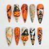 Pumpkin Halloween press-on nails in matte orange, black and bone white with 3D pumpkins in witch hats, spiderwebs and bats