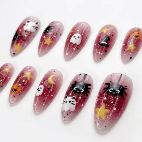 Cute white ghost-patterned press-on nails