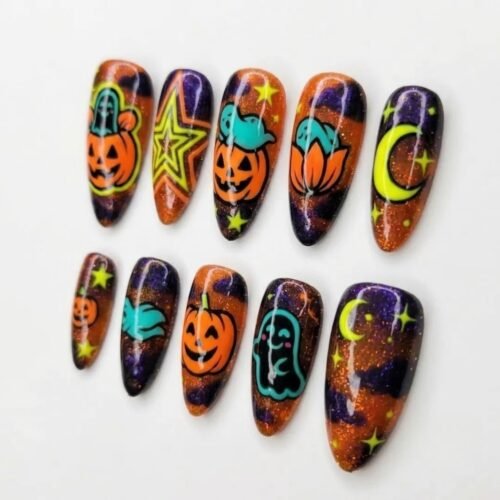 Orange and purple shimmer almond press-on nails with neon-outlined pumpkins, teal ghosts, a lime star and a crescent moon
