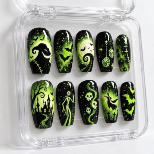 Press-on nails with dice and stitching patterns