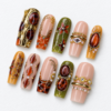 geometric diamond shapes, gold scrollwork press on nails