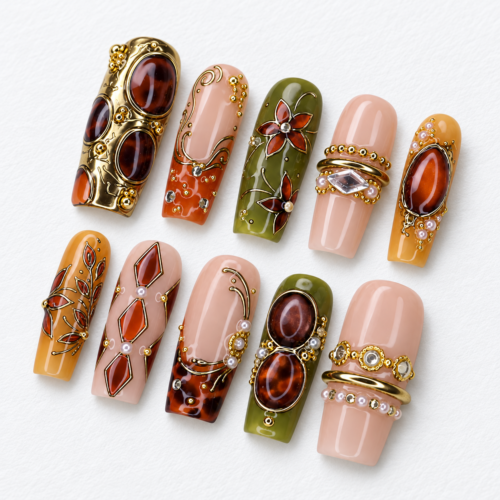 geometric diamond shapes, gold scrollwork press on nails