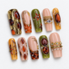 geometric diamond shapes, gold scrollwork press on nails