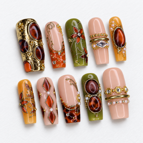 geometric diamond shapes, gold scrollwork press on nails
