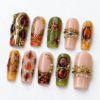 geometric diamond shapes, gold scrollwork press on nails