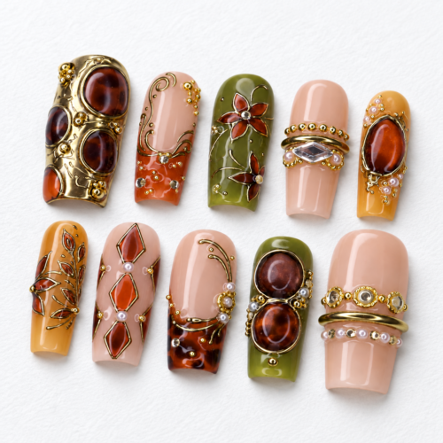 geometric diamond shapes, gold scrollwork press on nails