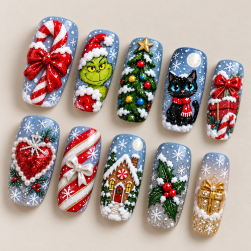 Cheerful Christmas Gift Press On Nails, press-on nail design preview made with AI