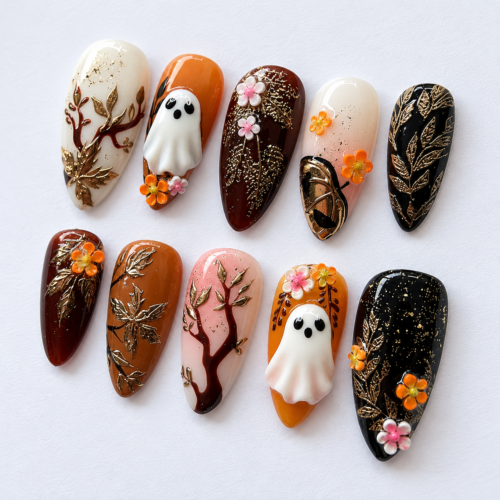 Autumn Halloween press-on nails with white ghost designs