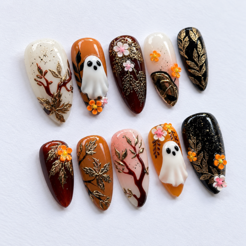 Autumn Halloween press-on nails with white ghost designs