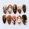 Autumn Halloween press-on nails with white ghost designs