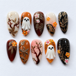 Autumn Halloween Botanical Ghost Gold Leaf Press-On Nails