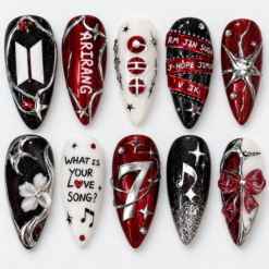 BTS concert press-on nails in red, black and white with glitter, silver accents and raised nail art