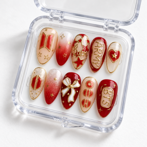 BTS-style emblem graphics, ARMY text press on nails