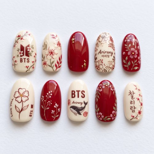 Press-on nails featuring the BTS logo and cherry blossoms.